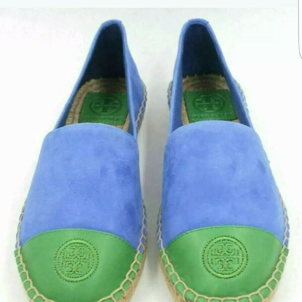 NIB Tory Burch – Colorblock Espadrille Suede/Leather  REGAL BLUE/LEAF